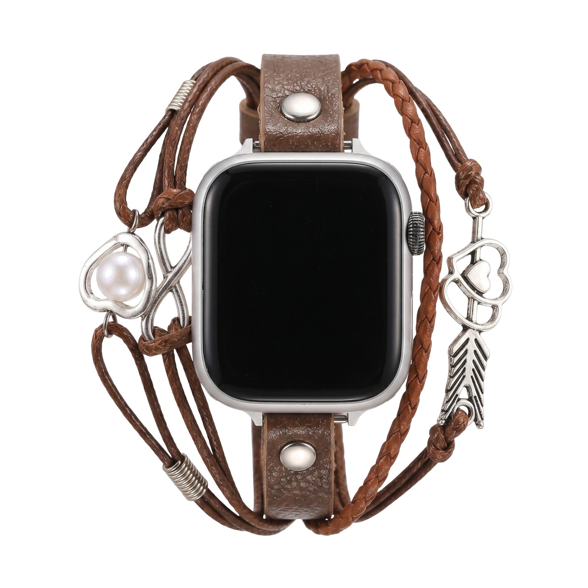 Apple Watch Lederarmband Damen, Unendlichkeitssymbol Herz und silberner Pfeil, mehrreihiges geflochtenes Lederarmband für Uhren, Modell Wendie