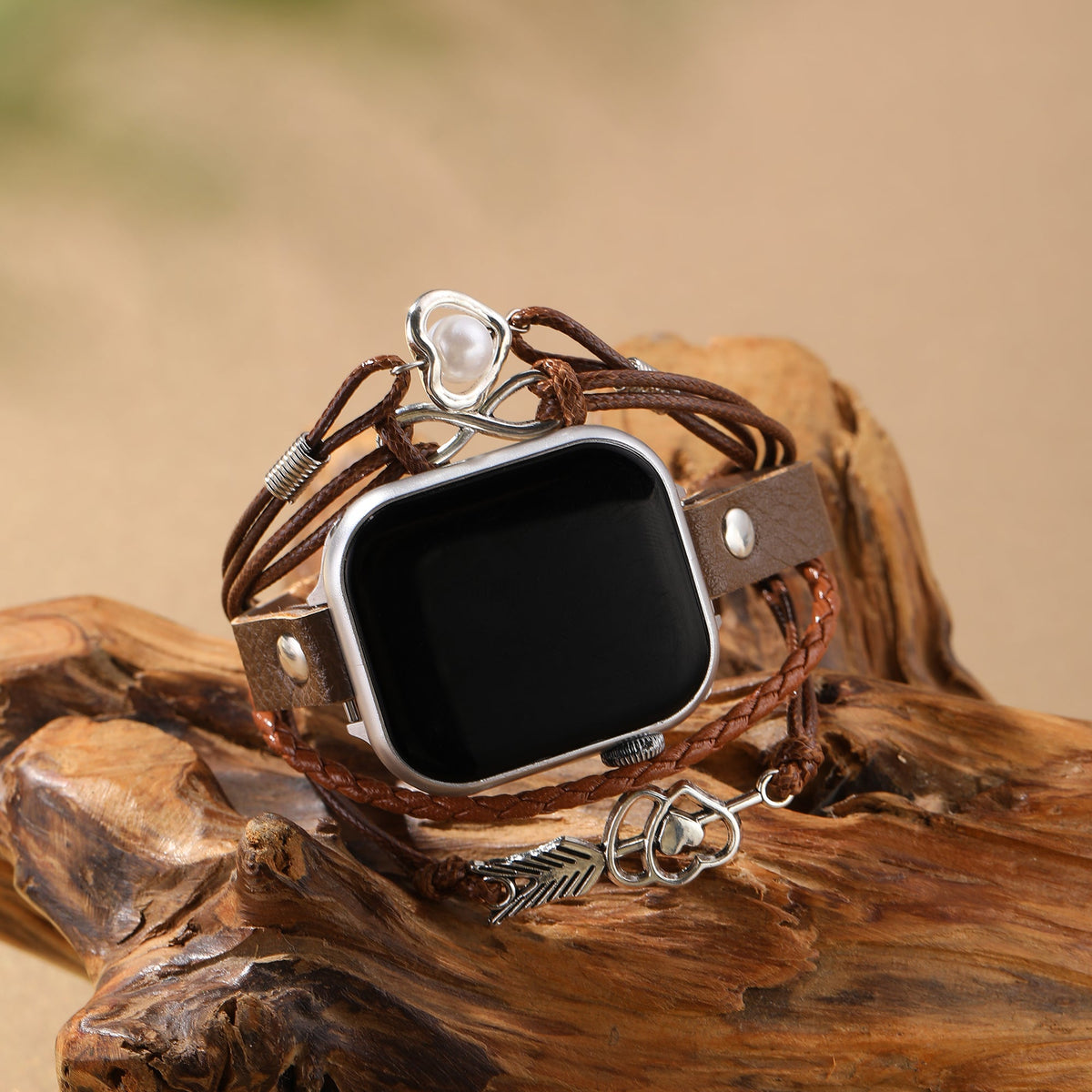 Apple Watch læderarmbånd til kvinder, uendeligt hjerte og sølvfarvet pil, flettet læderurrem med flere rækker, model Wendie