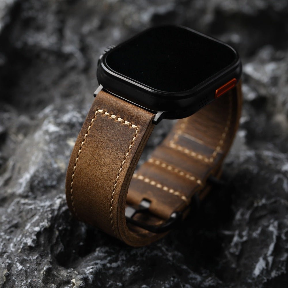 Λουράκι Apple Watch vintage καφέ δέρμα, δέρμα βοοειδούς πρώτης στρώσης, εμφανείς ραφές, στιβαρό και κομψό λουράκι, μοντέλο Colin