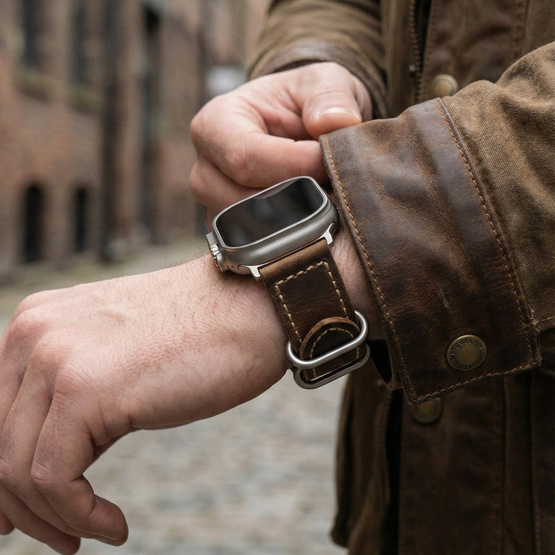 Armbånd til Apple Watch i brun vintage-læder, okselæder af første lag, synlige syninger, solidt og elegant armbånd, model Colin