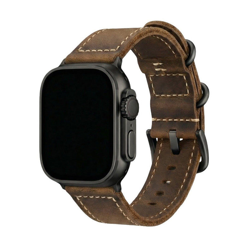 Armbånd til Apple Watch i brun vintage-læder, okselæder af første lag, synlige syninger, solidt og elegant armbånd, model Colin