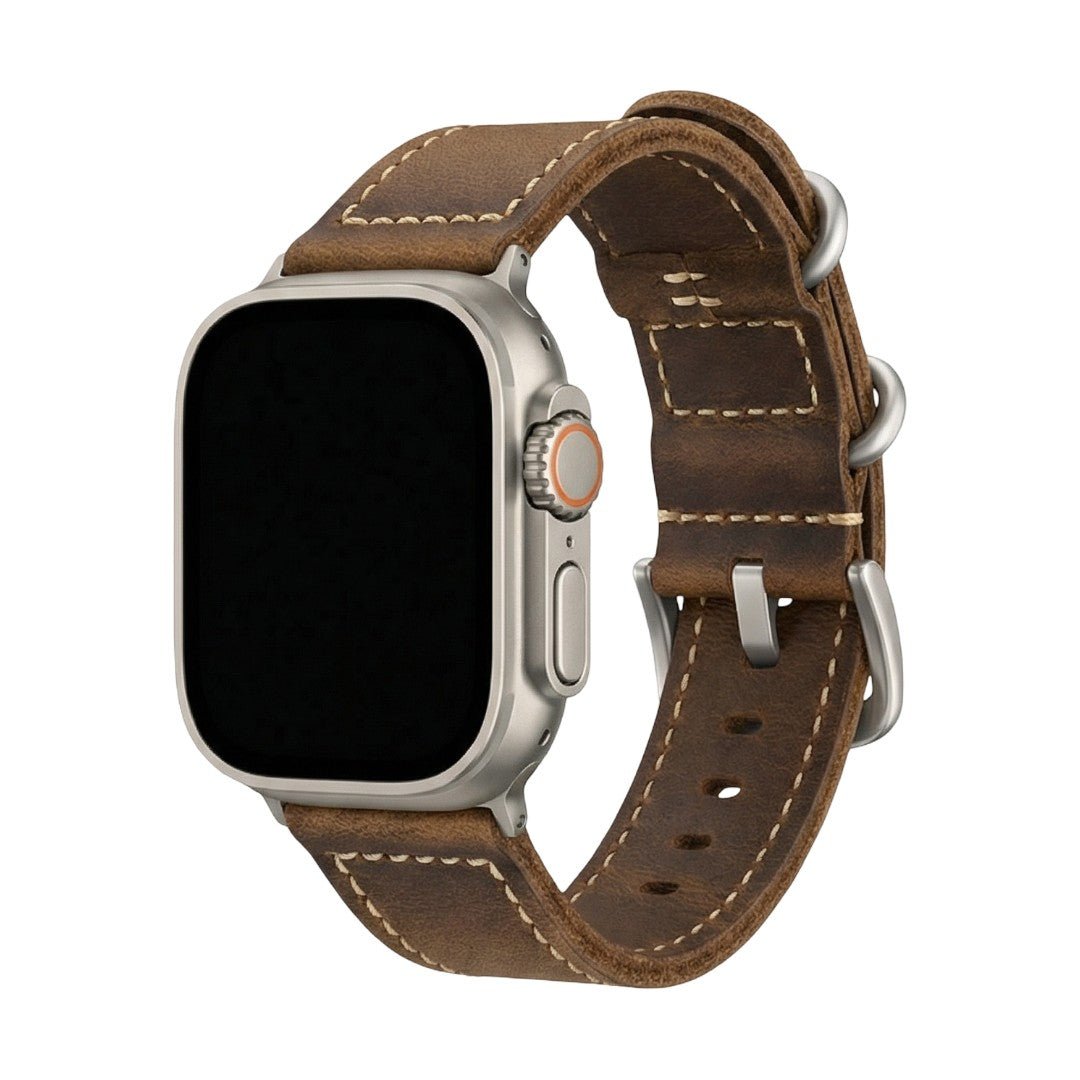 Bracelet Apple Watch cuir marron vintage, cuir bovin première couche, couture apparente, bracelet solide et élégant, modèle Colin