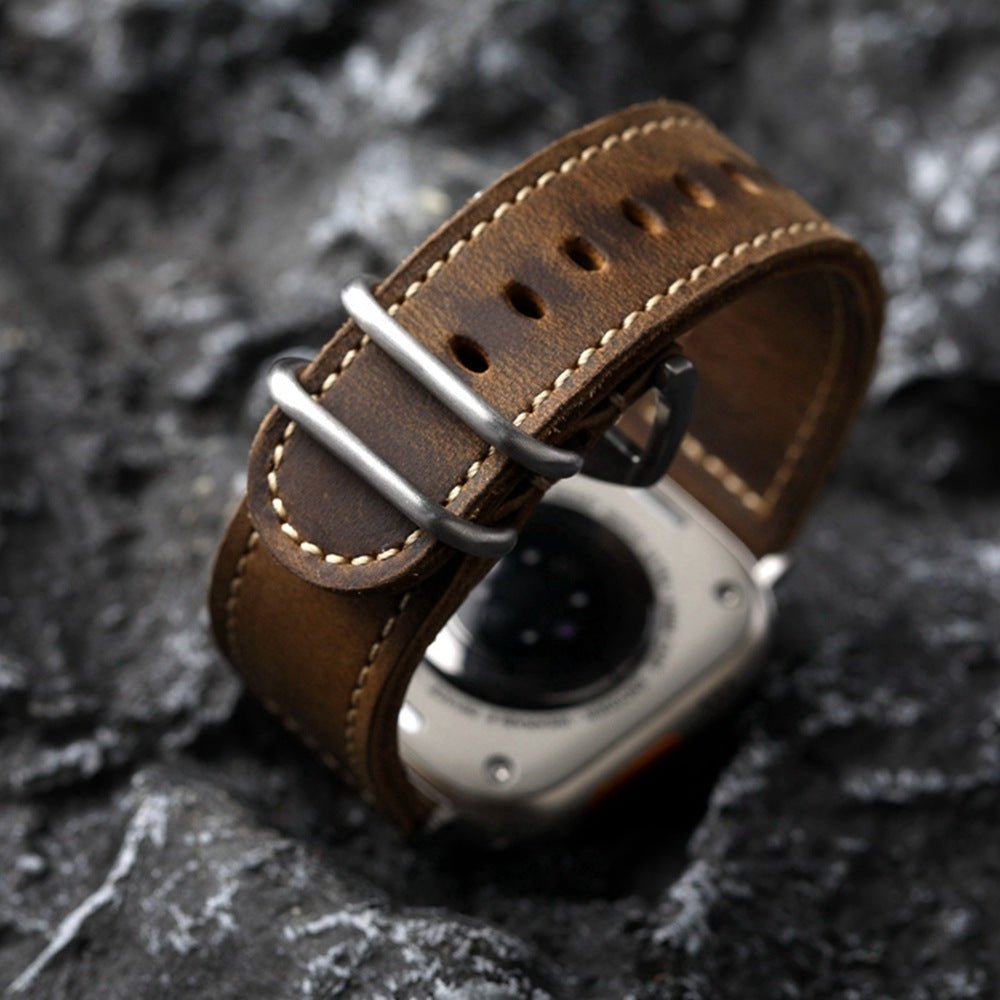 Λουράκι Apple Watch vintage καφέ δέρμα, δέρμα βοοειδούς πρώτης στρώσης, εμφανείς ραφές, στιβαρό και κομψό λουράκι, μοντέλο Colin