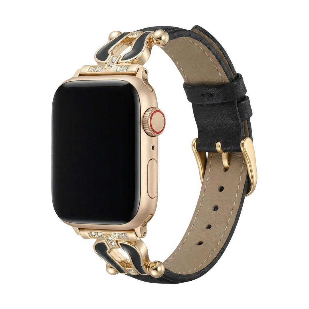 Premium leather Apple Watch bracelet adorned with a sparkling horseshoe, adjustable, refined look, Ustelle model