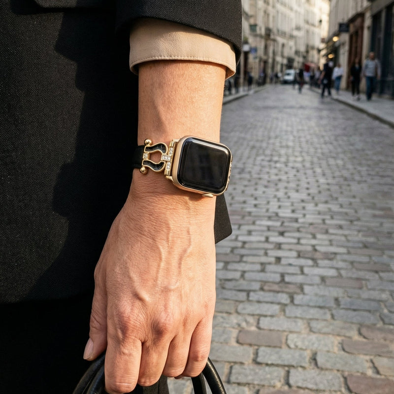 Apple Watch læderarmbånd i førsteklasses kvalitet med funklende hestesko, justerbart, elegant udseende, model Ustelle
