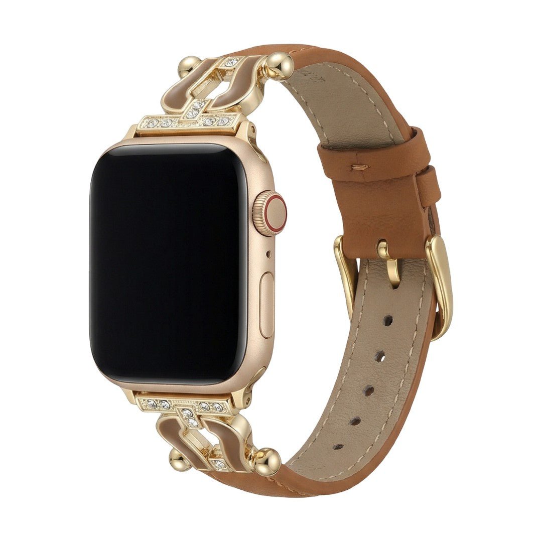 Premium leather Apple Watch bracelet adorned with a sparkling horseshoe, adjustable, refined look, Ustelle model