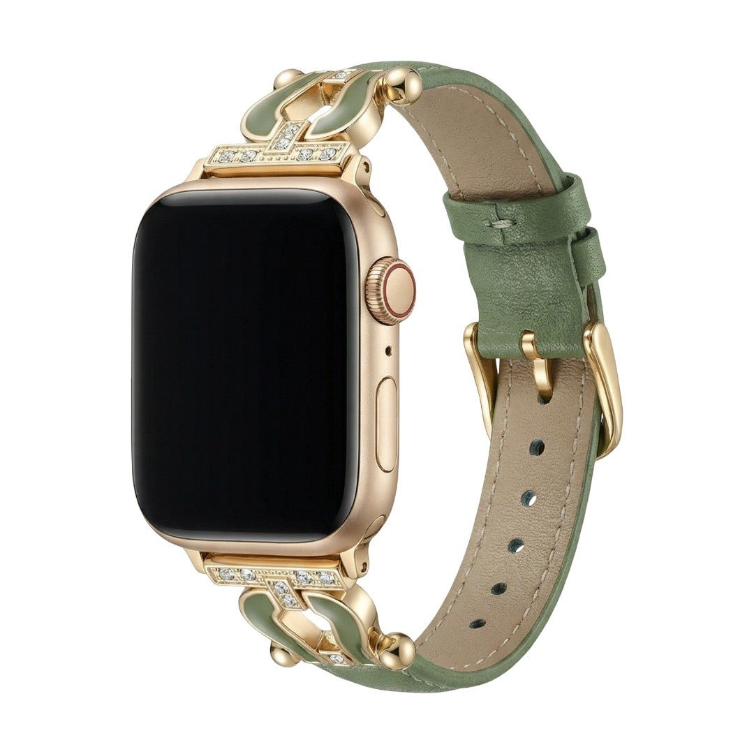 Premium leather Apple Watch bracelet adorned with a sparkling horseshoe, adjustable, refined look, Ustelle model