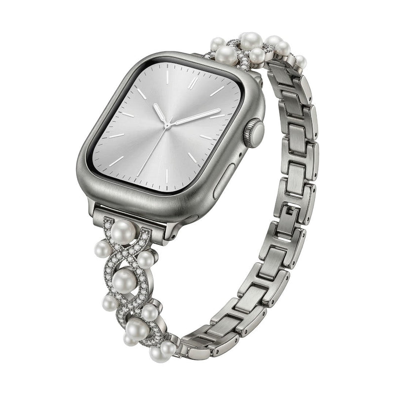 Bracelet Apple Watch décoratif, chaîne élégante avec perles et détails scintillants, bijou de poignet lumineux, modèle Laufey