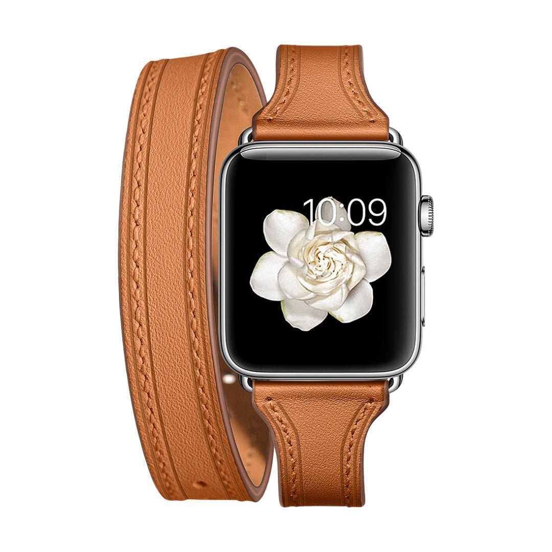 Bracelet double tour en cuir pleine fleur camel pour Apple Watch, design élégant et chic.