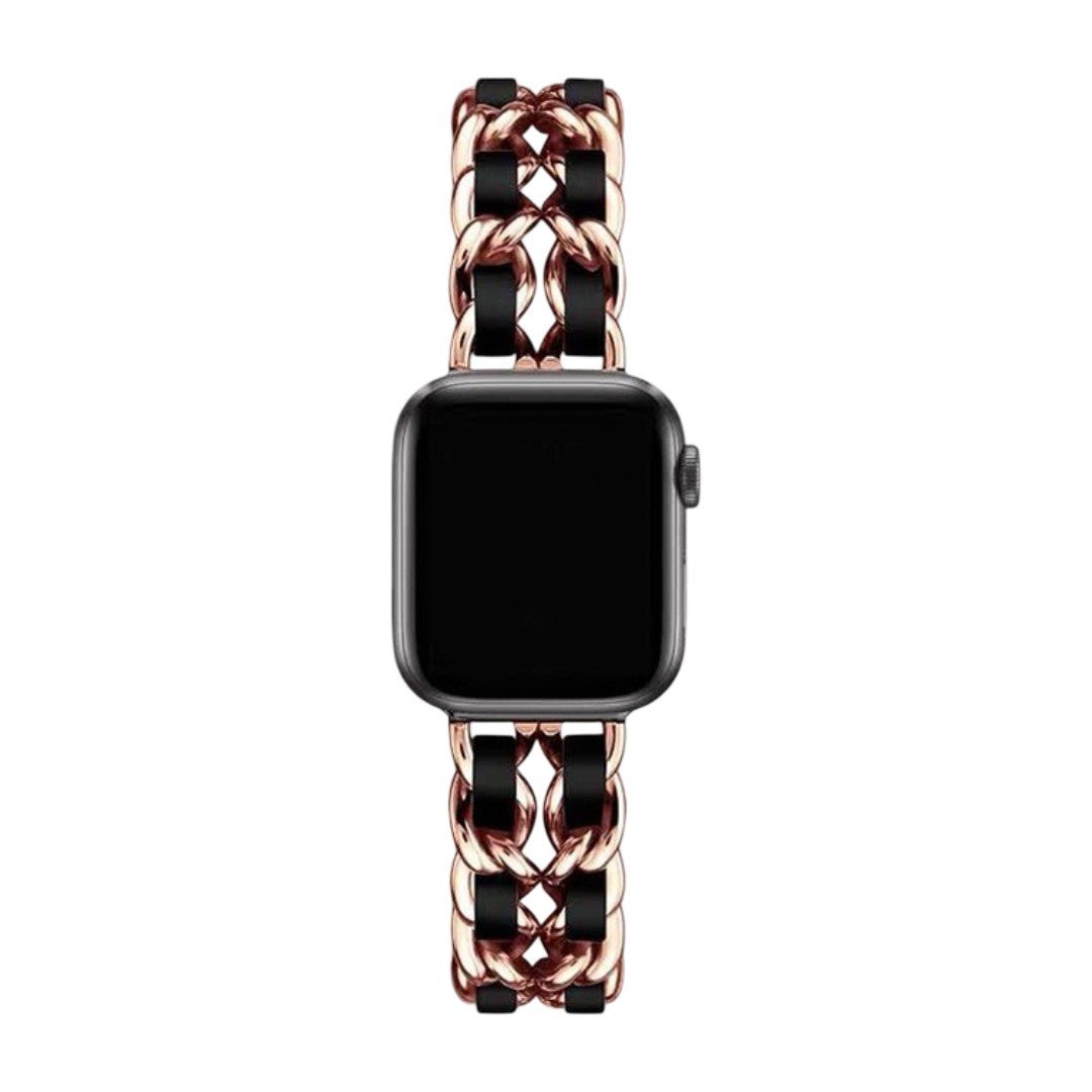 Bracelet Apple Watch tressé en cuir noir et acier inoxydable doré rose, boucle solide brillante, modèle Kelda.