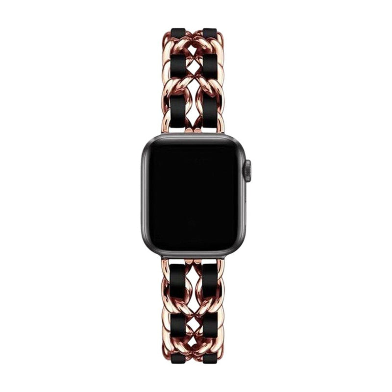 Bracelet Apple Watch tressé en cuir noir et acier inoxydable doré rose, boucle solide brillante, modèle Kelda.
