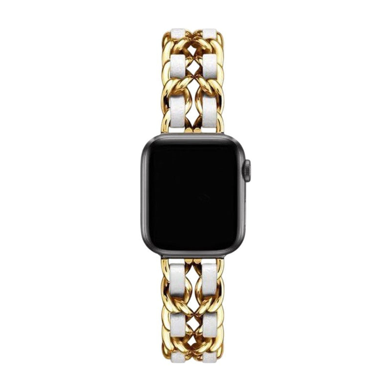 Bracelet Apple Watch pour femme en acier inoxydable doré avec cuir blanc tressé et boucle brillante.