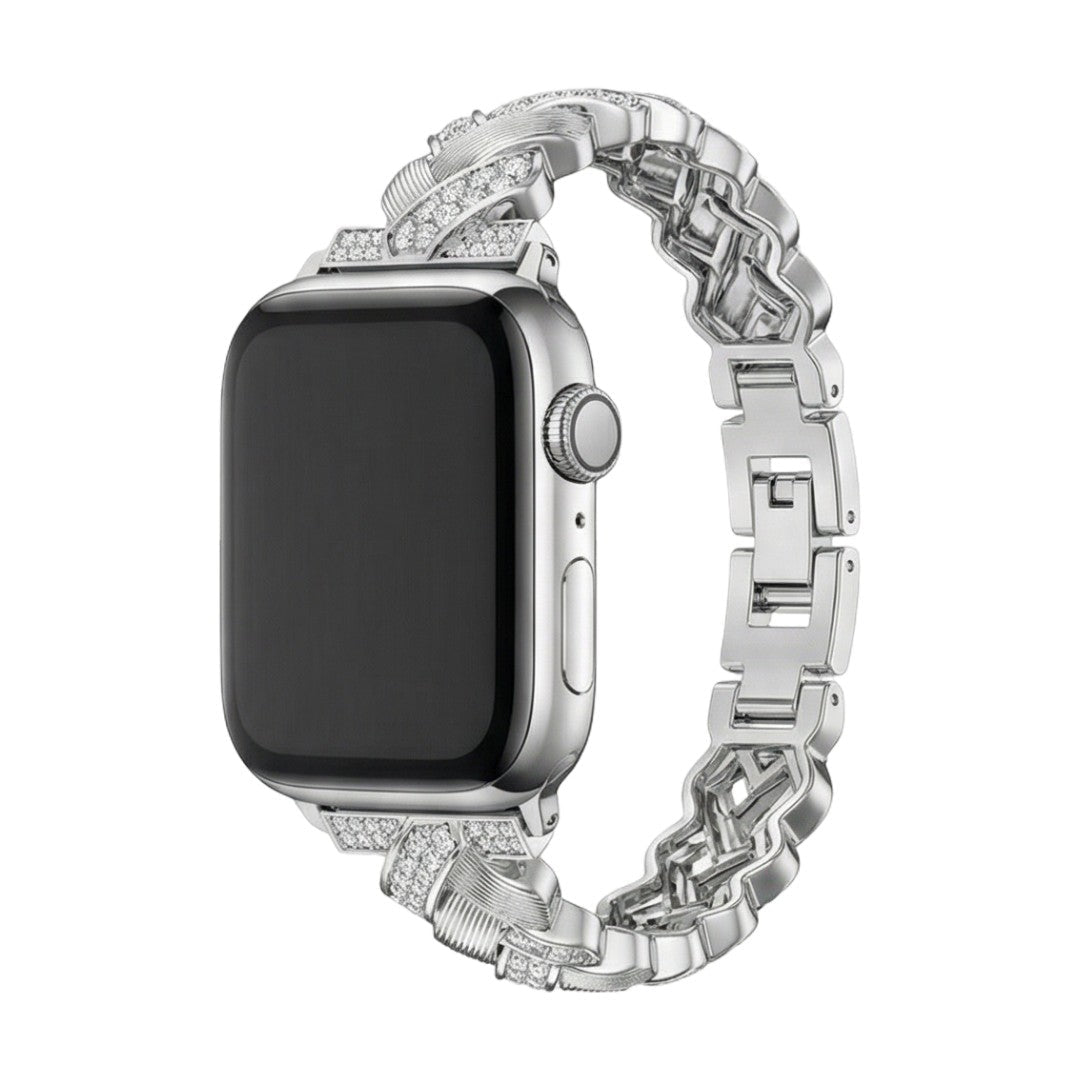 Elegant Metal Apple Watch Bracelet, Wide Links Set with Sparkling Zircon Stones, Adjustable, Toline Model