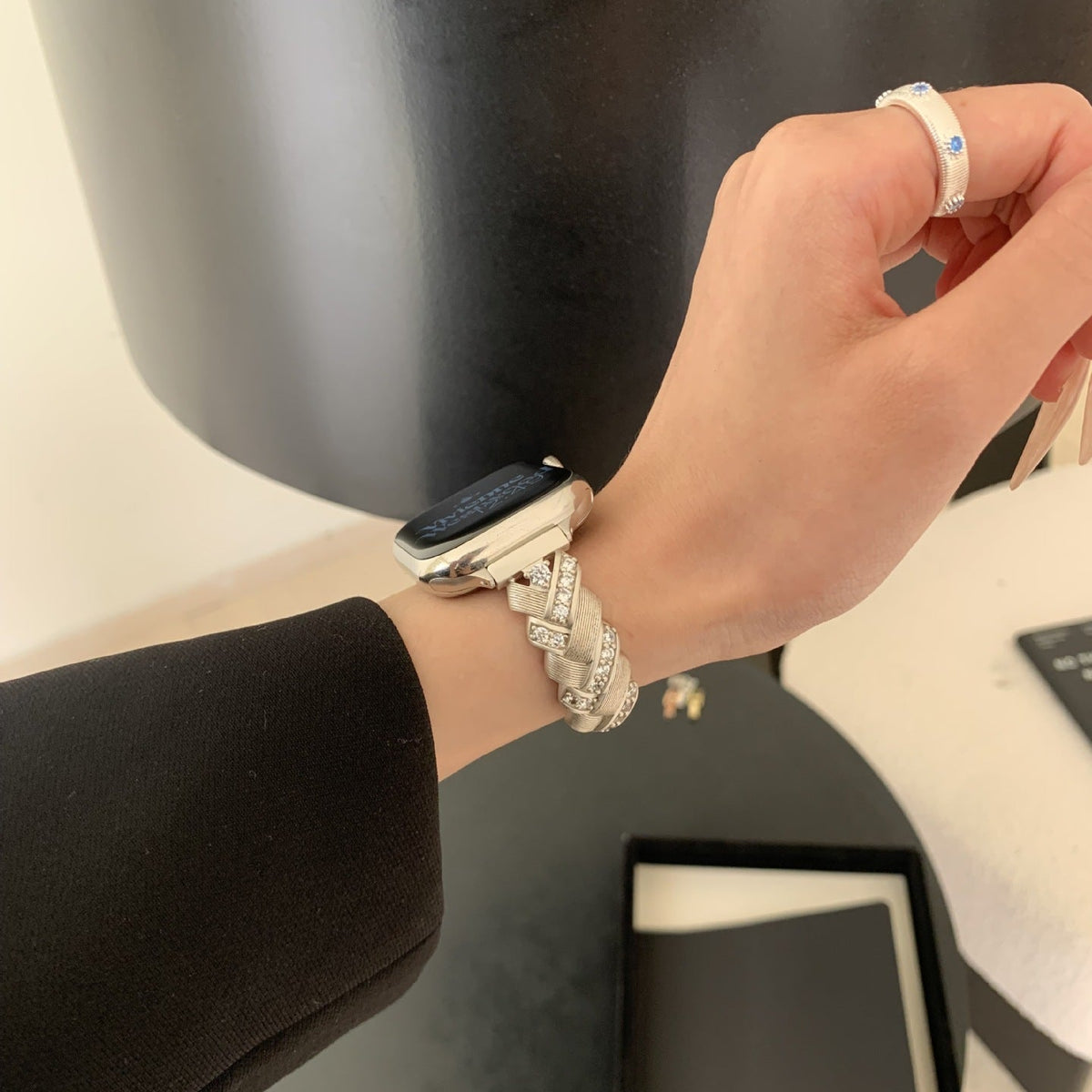Elegant Metal Apple Watch Bracelet, Wide Links Set with Sparkling Zircon Stones, Adjustable, Toline Model