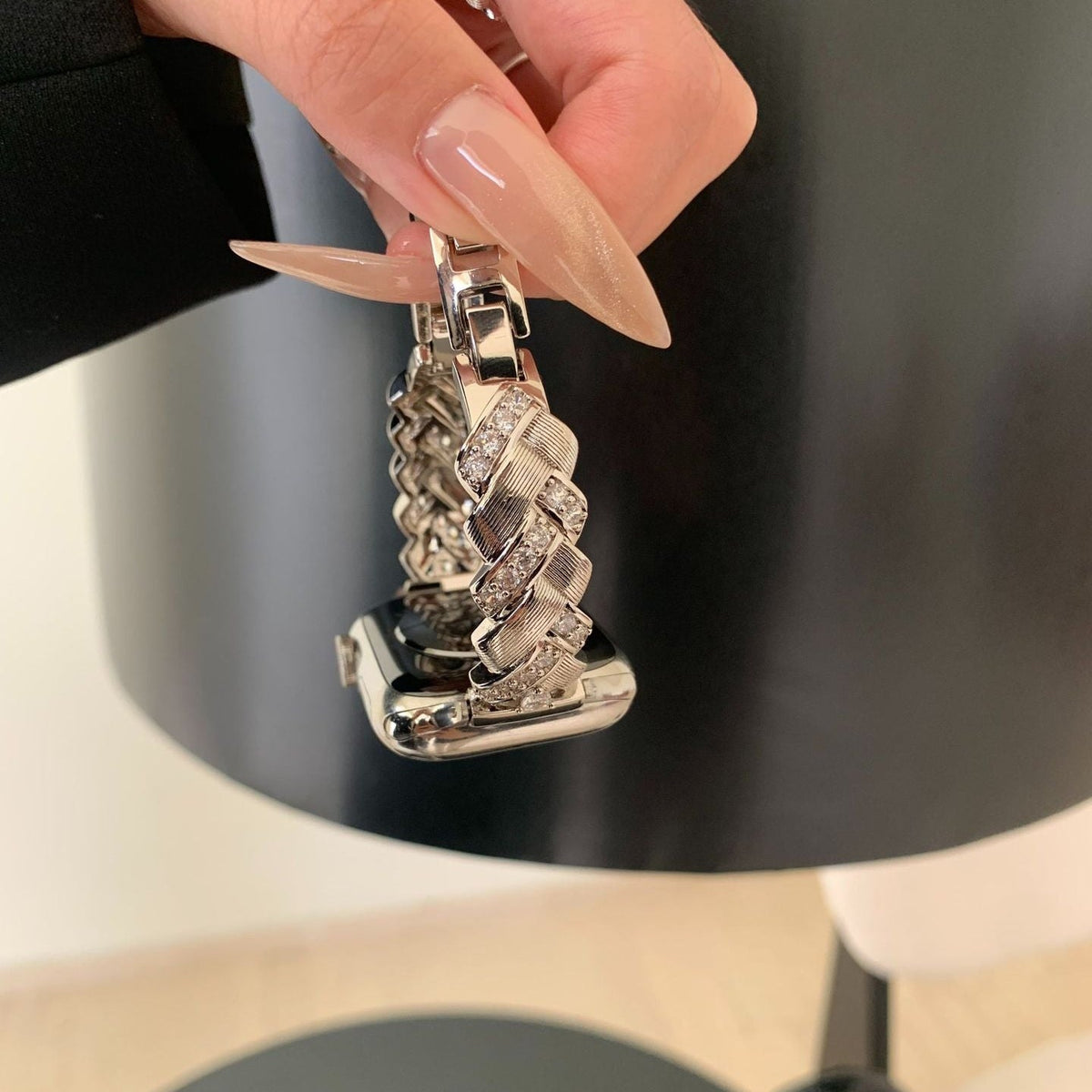 Elegant Metal Apple Watch Bracelet, Wide Links Set with Sparkling Zircon Stones, Adjustable, Toline Model