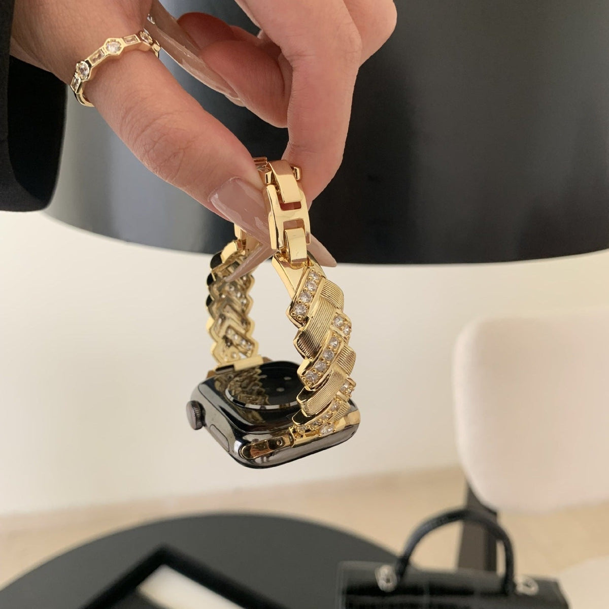 Elegant Metal Apple Watch Bracelet, Wide Links Set with Sparkling Zircon Stones, Adjustable, Toline Model