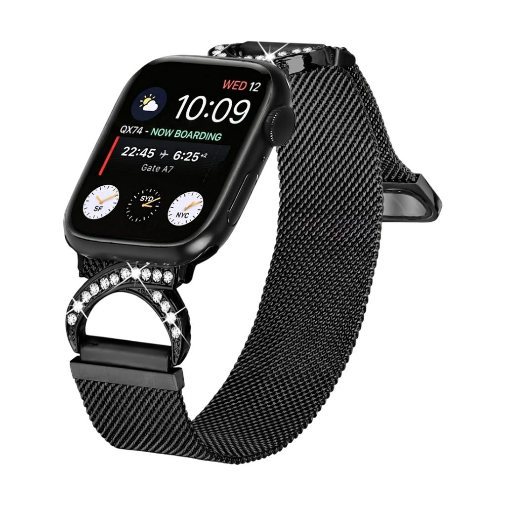 Bracelet Apple Watch en acier inoxydable, fermoir magnétique ajustable, maille élégante avec oxyde de zirconium, modèle Roxie