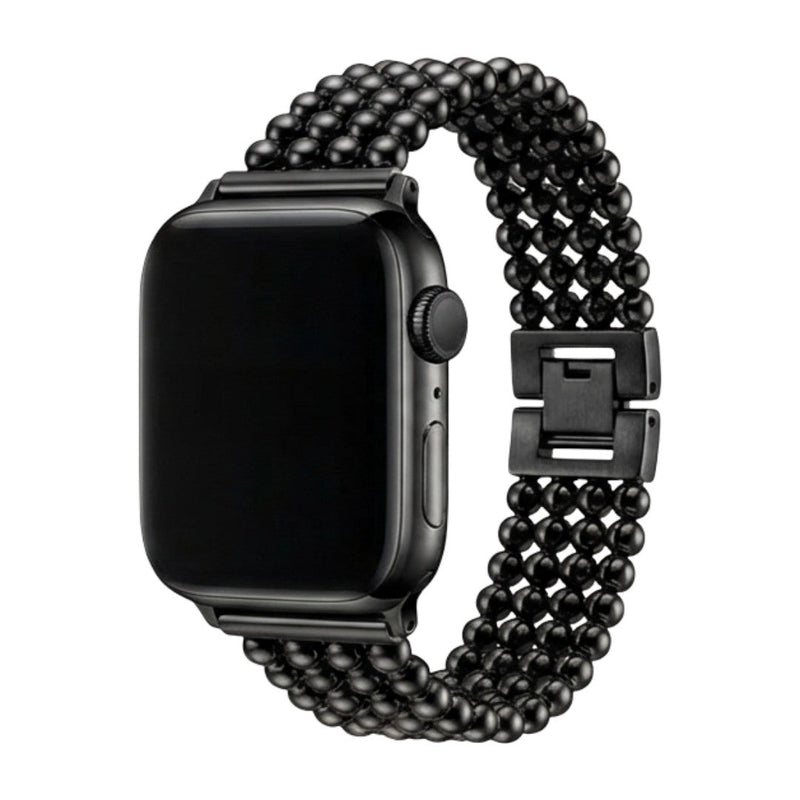 Bracelet pour Apple Watch en acier inoxydable noir avec perles métalliques et fermoir cliquet sécurisé.