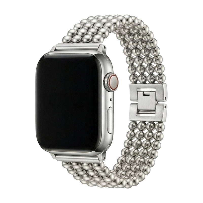 Bracelet Apple Watch en acier inoxydable argenté, perles métalliques arrondies, fermoir cliquet sécurisé, design élégant et.