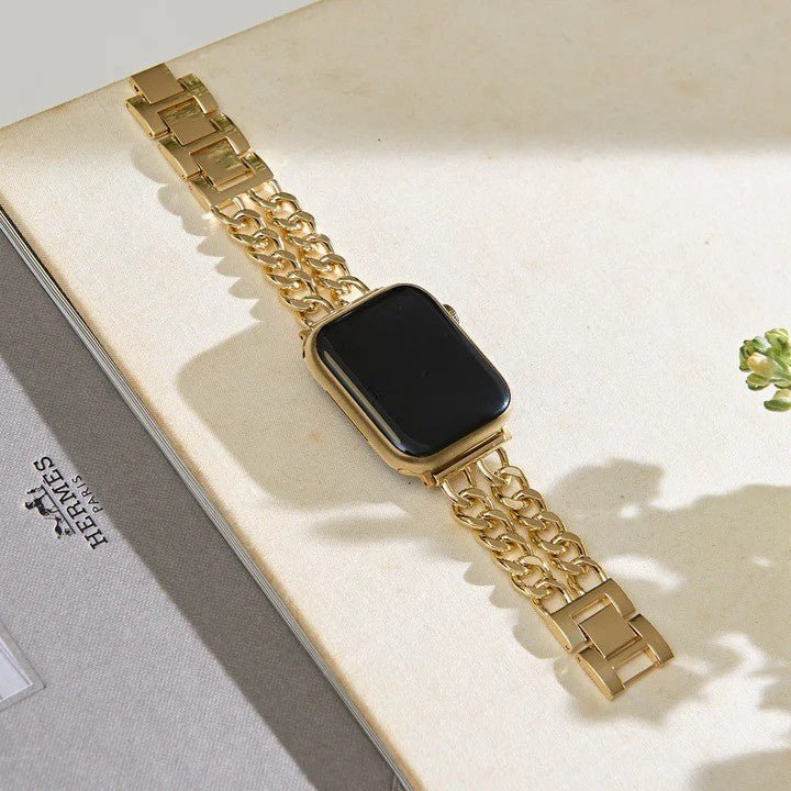 Bracelet Apple Watch en acier inoxydable doré avec maille gourmette double chaîne et fermoir sécurisé, style élégant et.