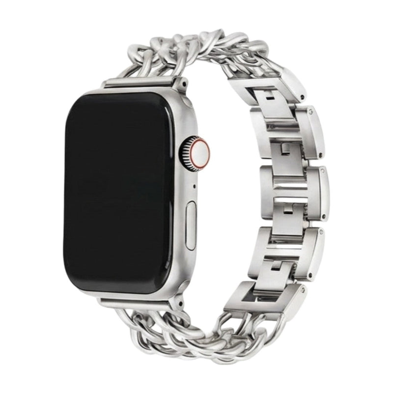 Bracelet Apple Watch en acier inoxydable argenté, maille gourmette double chaîne, fermoir sécurisé, design moderne et.