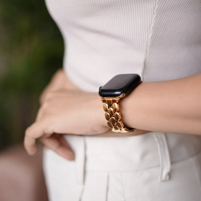 Bracciale per Apple Watch in acciaio inossidabile, maglie ovali dorate, eleganza moderna per Apple Watch, chiusura a scomparsa, modello Shounie