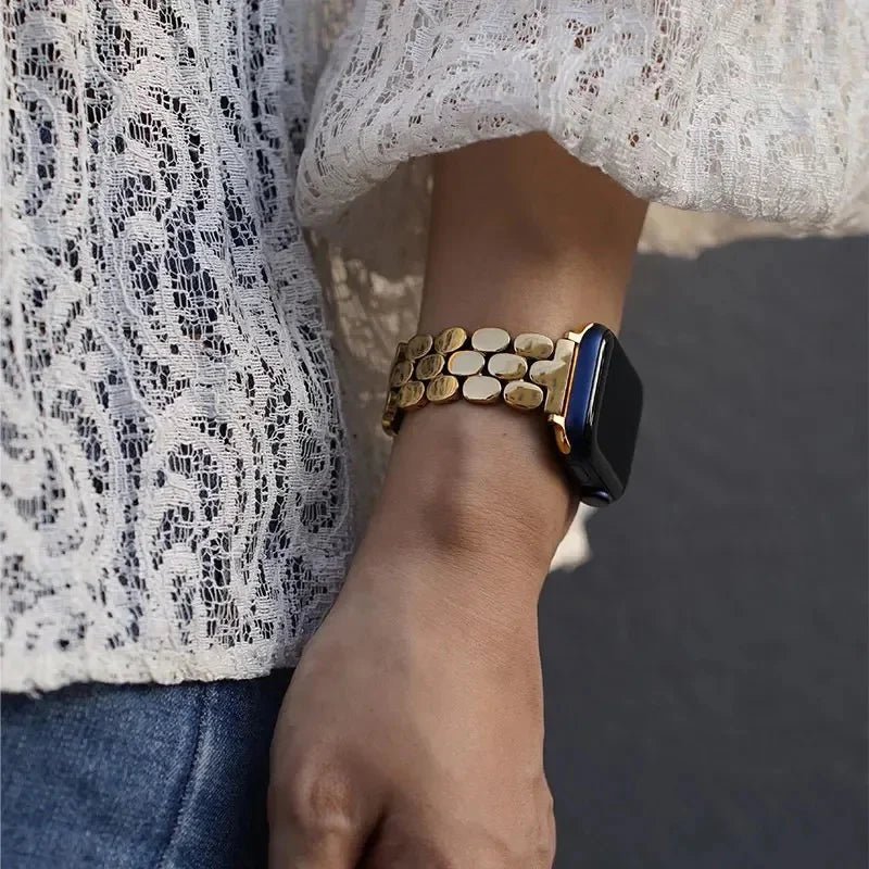 Bracciale per Apple Watch in acciaio inossidabile, maglie ovali dorate, eleganza moderna per Apple Watch, chiusura a scomparsa, modello Shounie