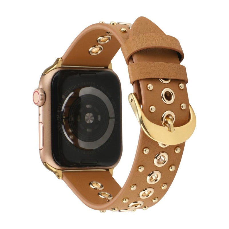 Bracelet Apple Watch en croûte de cuir ornée de rivets métalliques, boucle réglable, style affirmé, modèle Tika