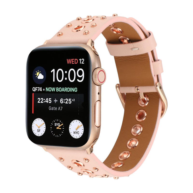 Bracelet Apple Watch en croûte de cuir ornée de rivets métalliques, boucle réglable, style affirmé, modèle Tika