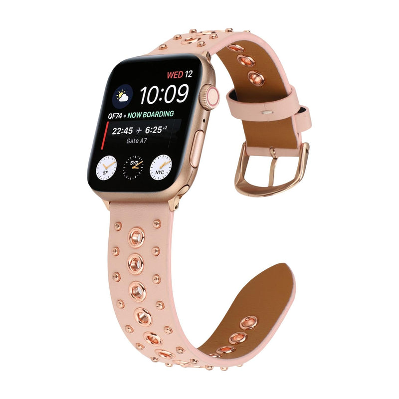 Bracelet Apple Watch en croûte de cuir ornée de rivets métalliques, boucle réglable, style affirmé, modèle Tika