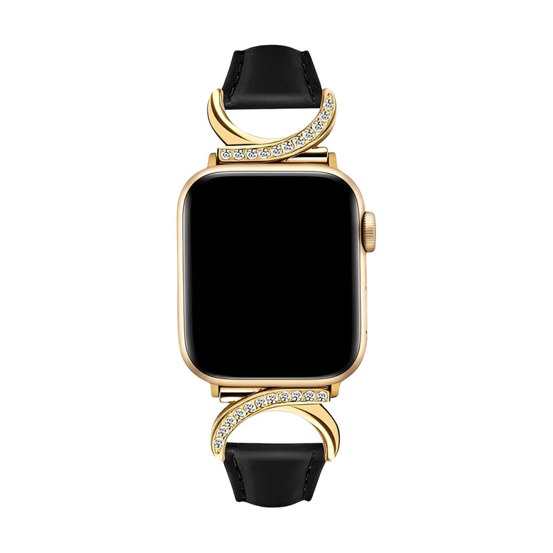 Bracelet en cuir noir avec boucle en C dorée ornée de strass pour Apple Watch, style féminin et raffiné.