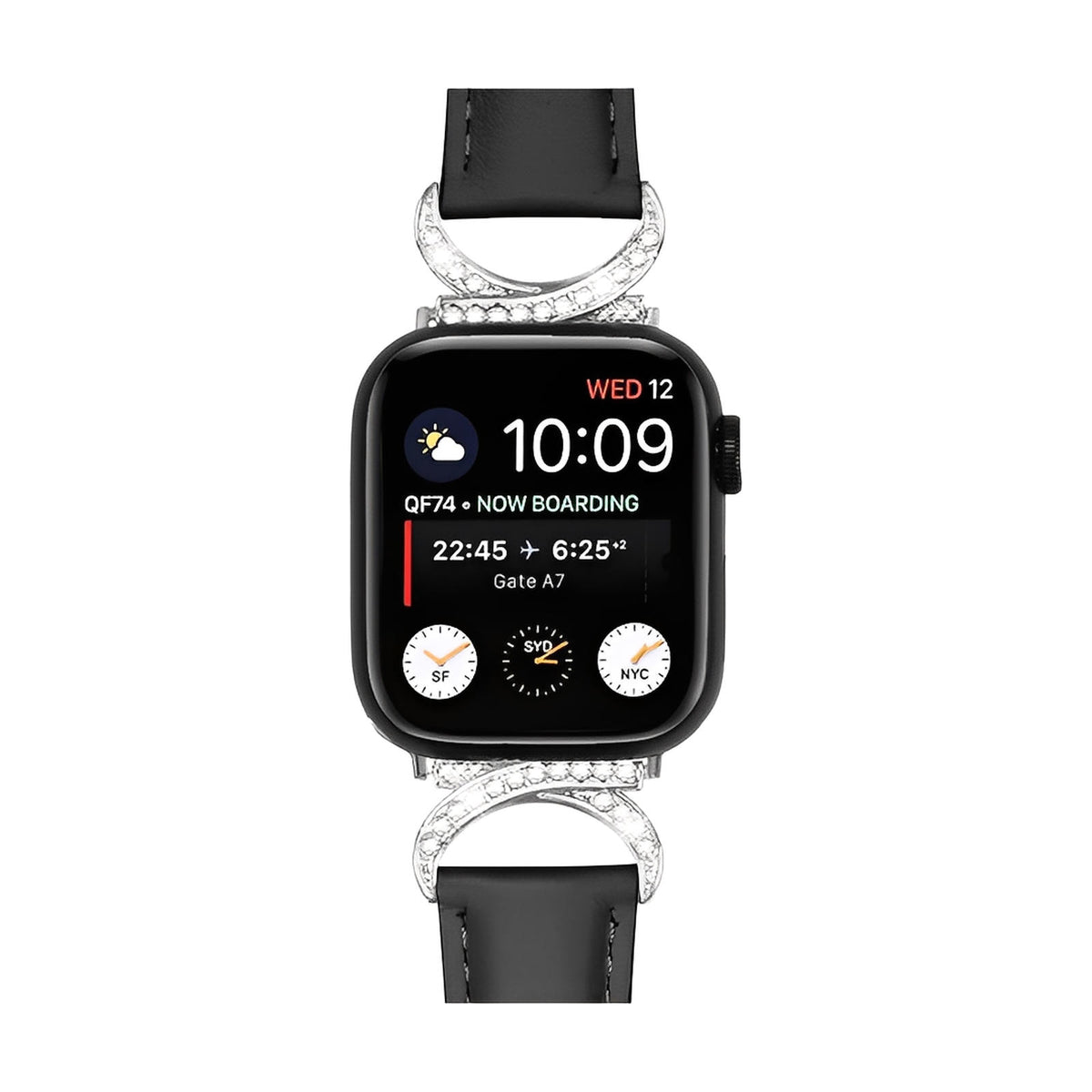 Bracelet Apple Watch en cuir noir avec boucle en C en métal argenté incrustée de strass scintillants.