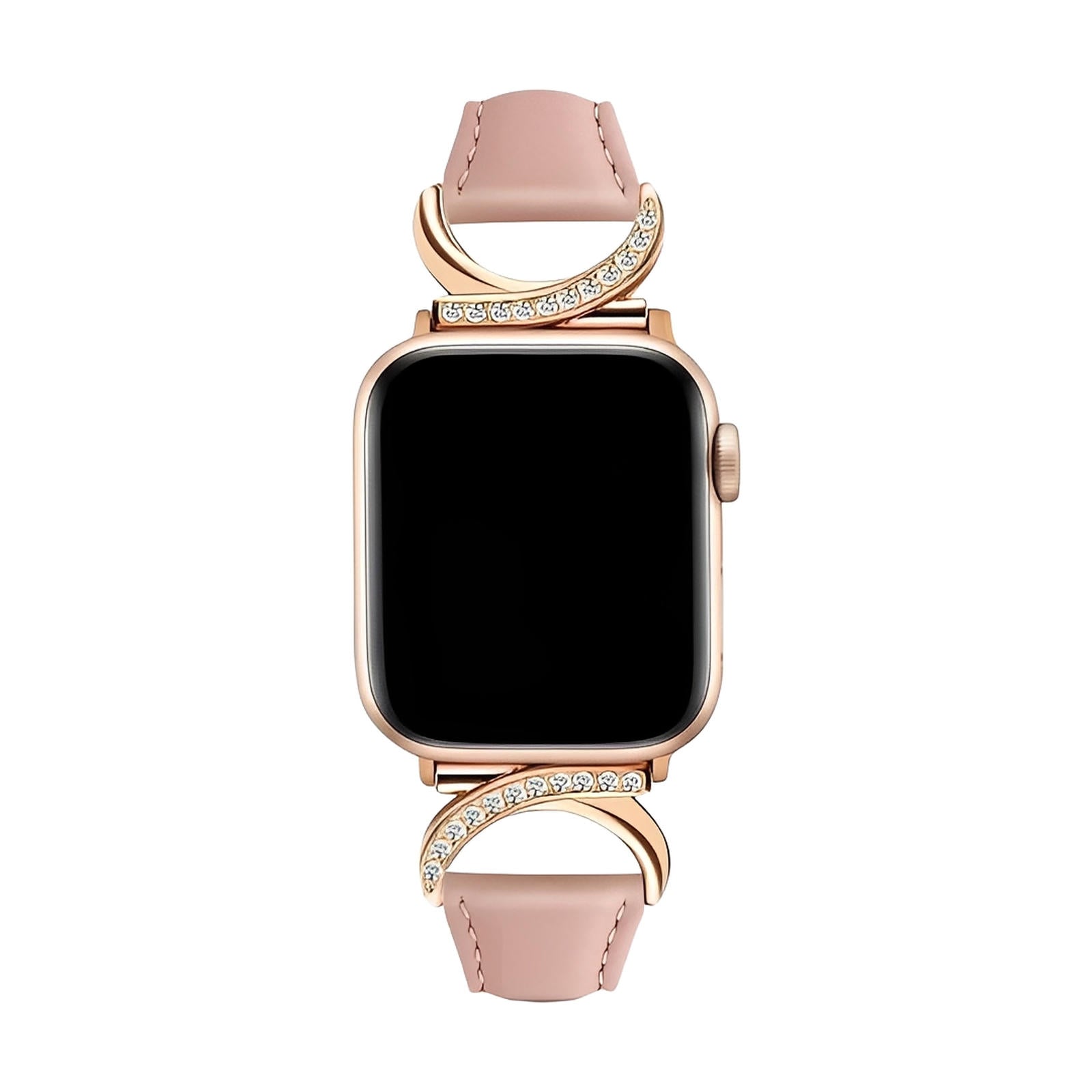 Bracelet Apple Watch en cuir rose pâle avec boucle en C dorée ornée de strass scintillants.