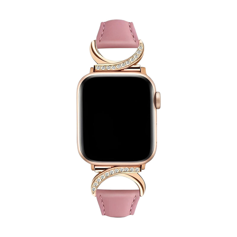 Bracelet Apple Watch en cuir rose avec boucle en C dorée ornée de strass scintillants, style féminin et raffiné.
