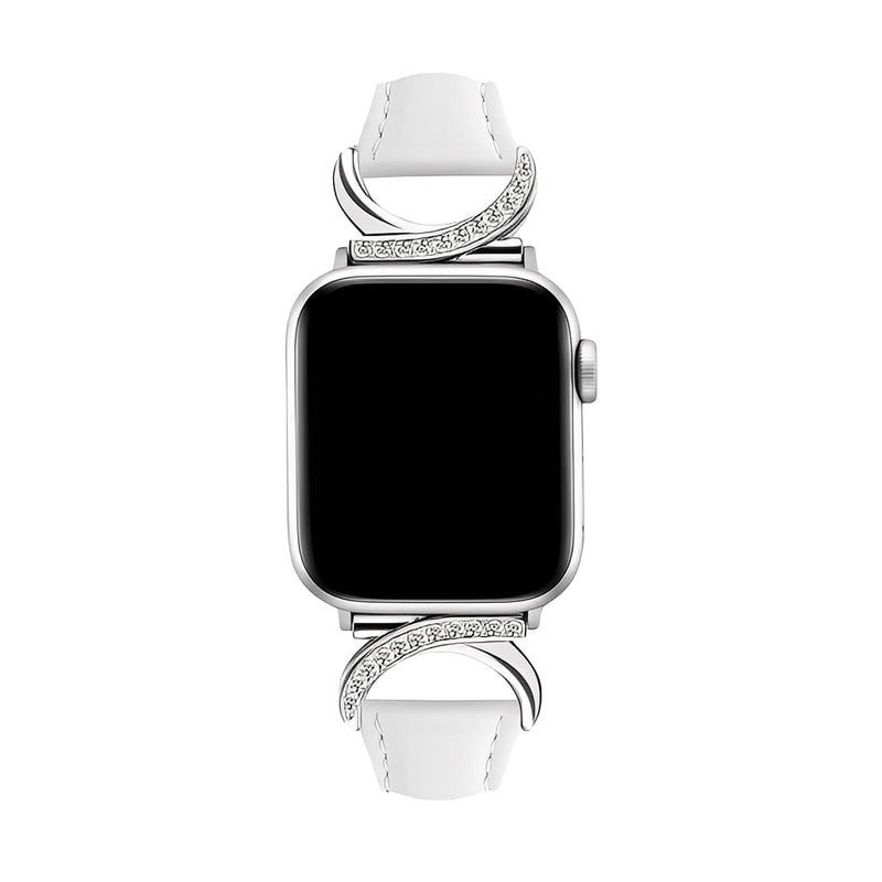 Bracelet blanc en cuir pour Apple Watch avec boucle en C argentée ornée de strass scintillants.