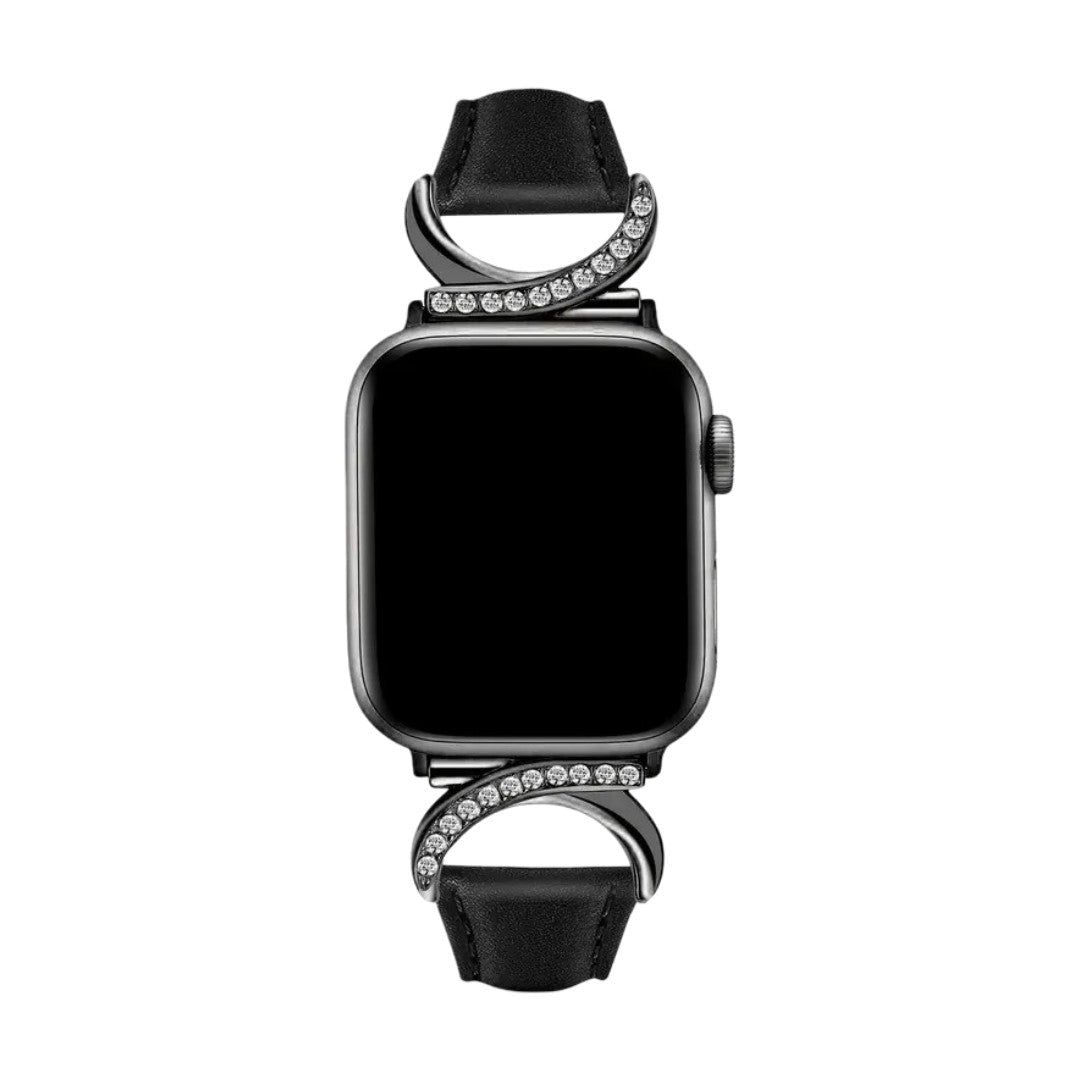 Bracelet Apple Watch en cuir noir avec boucle en C sertie de strass brillants, design raffiné et féminin.