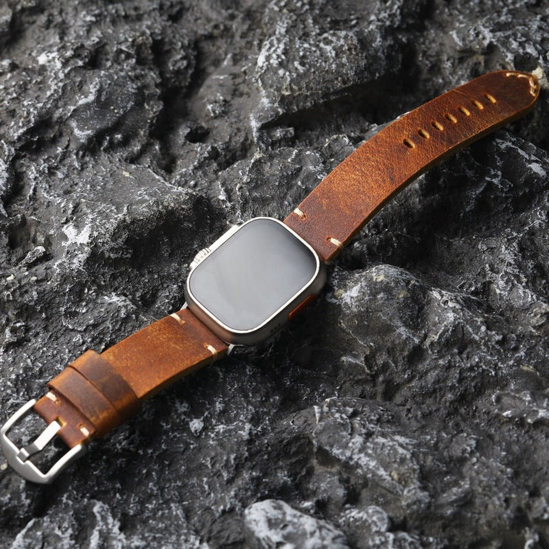 Armband für Apple Watch aus dickem Leder, authentischer Stil, sichtbare Nähte, Verschluss aus Stahl, für Smartwatch, Modell Petrus