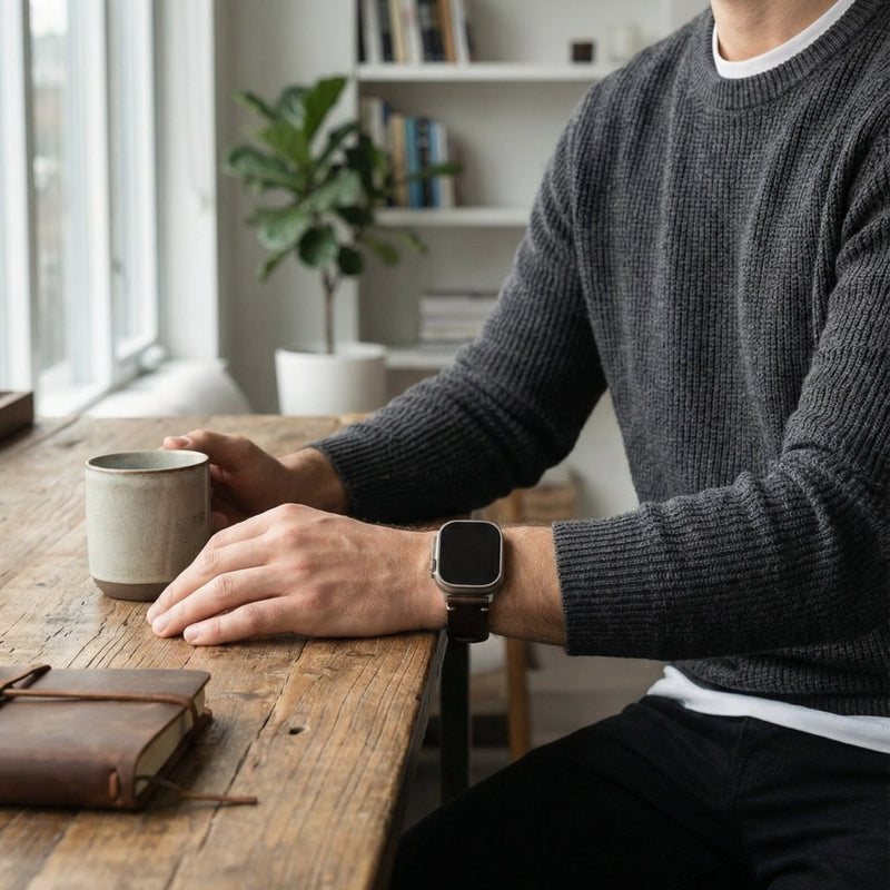Armband für Apple Watch aus dickem Leder, authentischer Stil, sichtbare Nähte, Verschluss aus Stahl, für Smartwatch, Modell Petrus