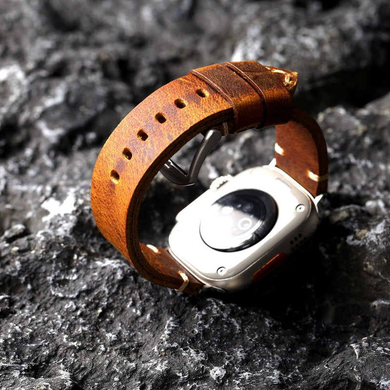 Armband für Apple Watch aus dickem Leder, authentischer Stil, sichtbare Nähte, Verschluss aus Stahl, für Smartwatch, Modell Petrus