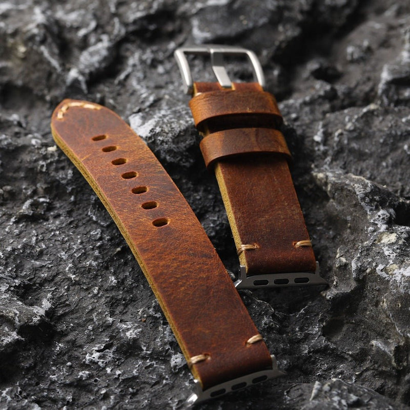 Armband für Apple Watch aus dickem Leder, authentischer Stil, sichtbare Nähte, Verschluss aus Stahl, für Smartwatch, Modell Petrus