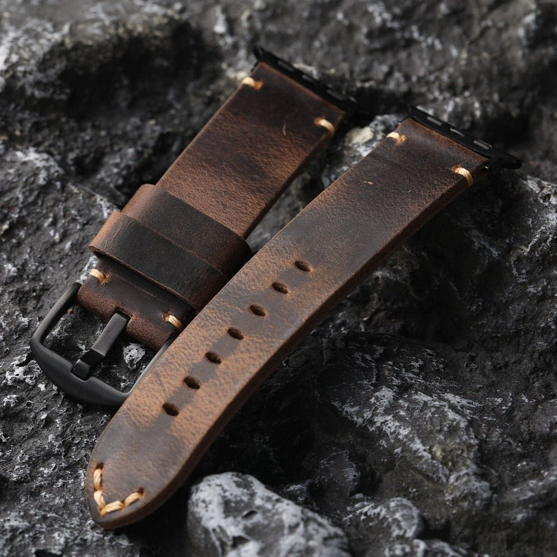 Armband für Apple Watch aus dickem Leder, authentischer Stil, sichtbare Nähte, Verschluss aus Stahl, für Smartwatch, Modell Petrus