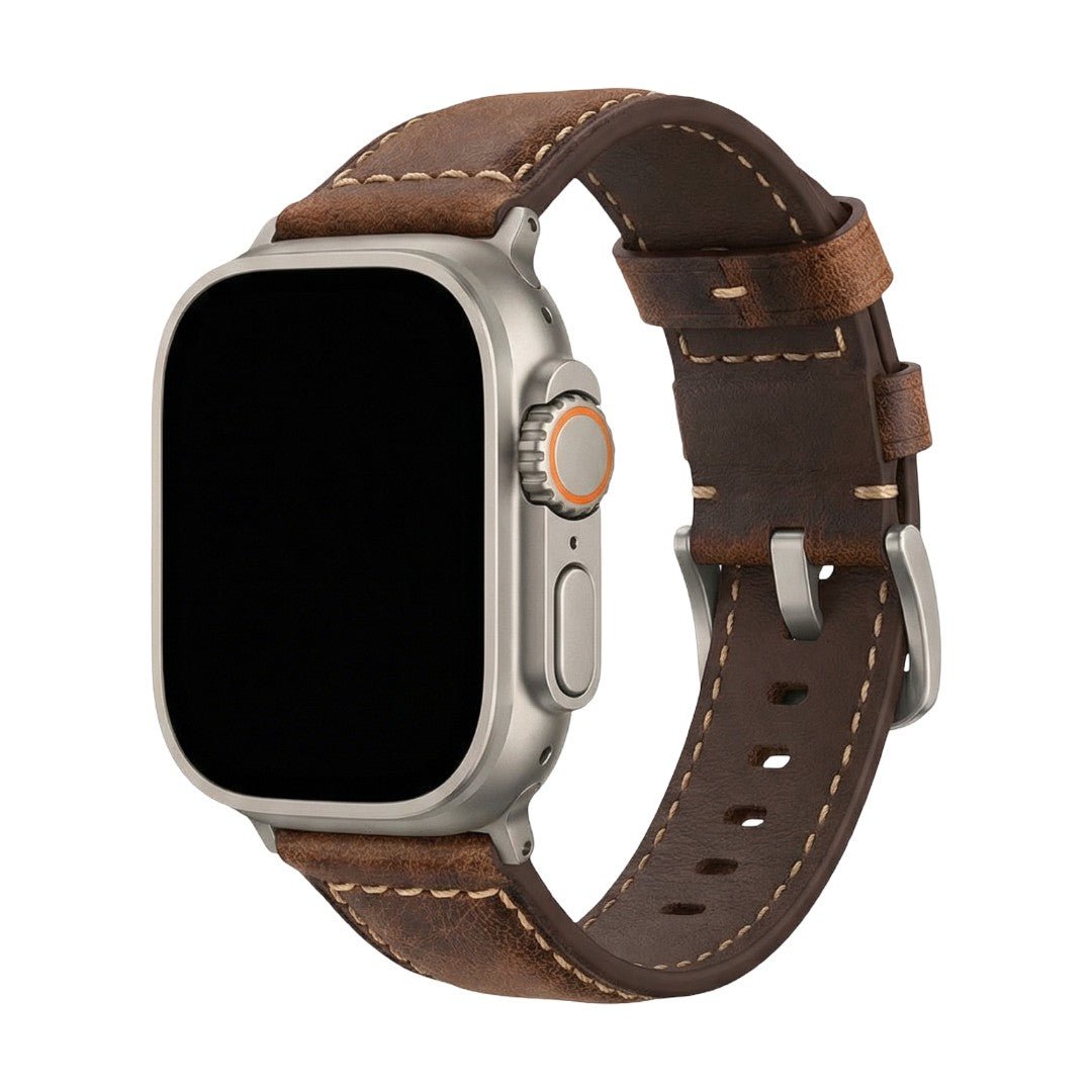 Bracelet Apple Watch en cuir marron vintage, texture naturelle patinée, maintien confortable, boucle acier noir ou argent, modèle Octave