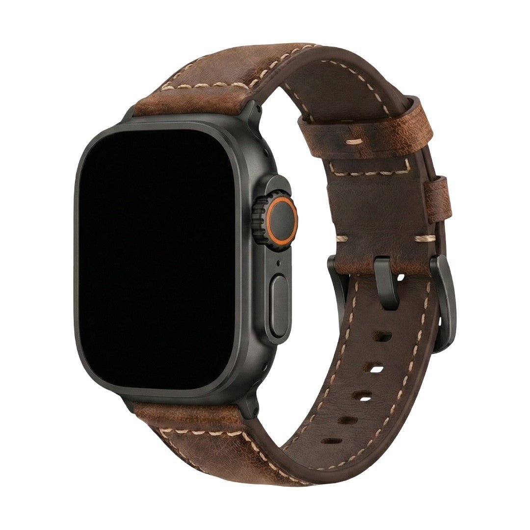 Pulsera para Apple Watch de cuero marrón vintage, textura natural envejecida, sujeción cómoda, hebilla de acero negra o plateada, modelo Octave