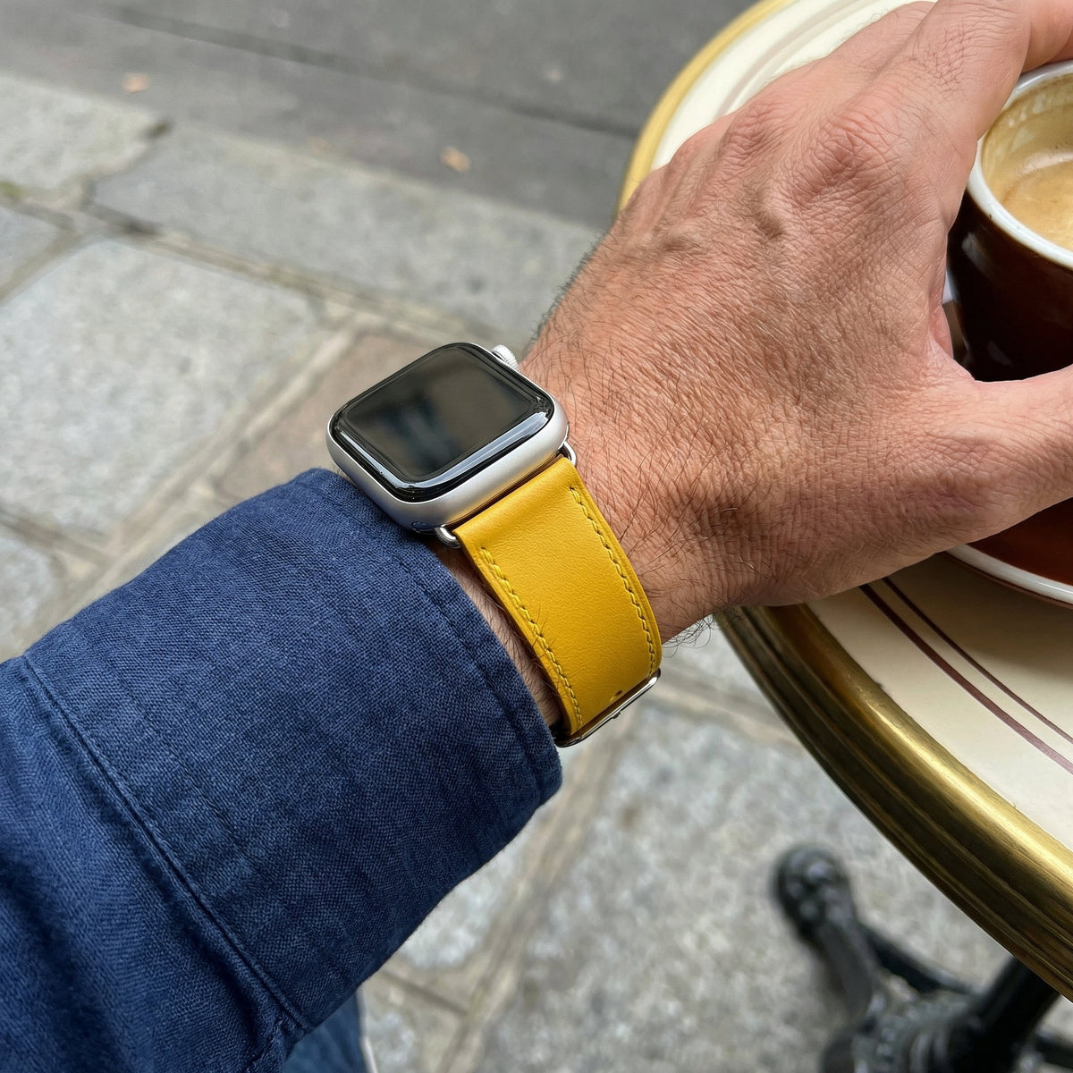 Apple Watch Bracelet in Calfskin Leather, Contrasting Stitching, Pin Buckle Clasp, Krynn Model