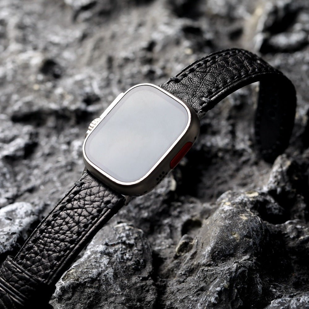 Bracelet Apple Watch en cuir véritable texturé, coutures apparentes, boucle acier inoxydable, modèle Claudio