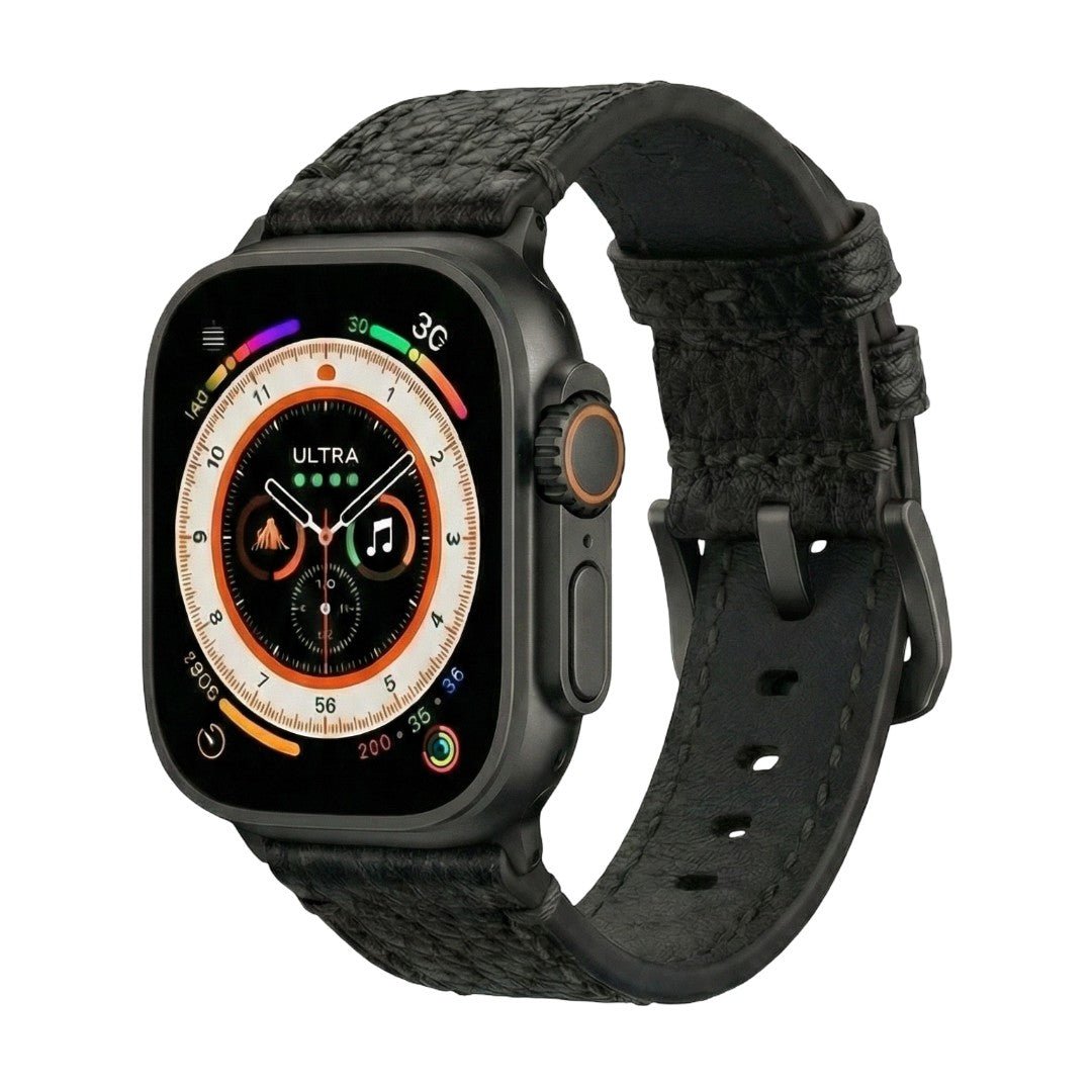 Bracelet Apple Watch en cuir véritable texturé, coutures apparentes, boucle acier inoxydable, modèle Claudio