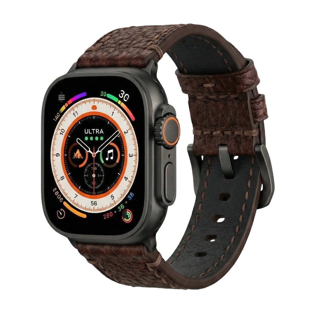 Bracelet Apple Watch en cuir véritable texturé, coutures apparentes, boucle acier inoxydable, modèle Claudio