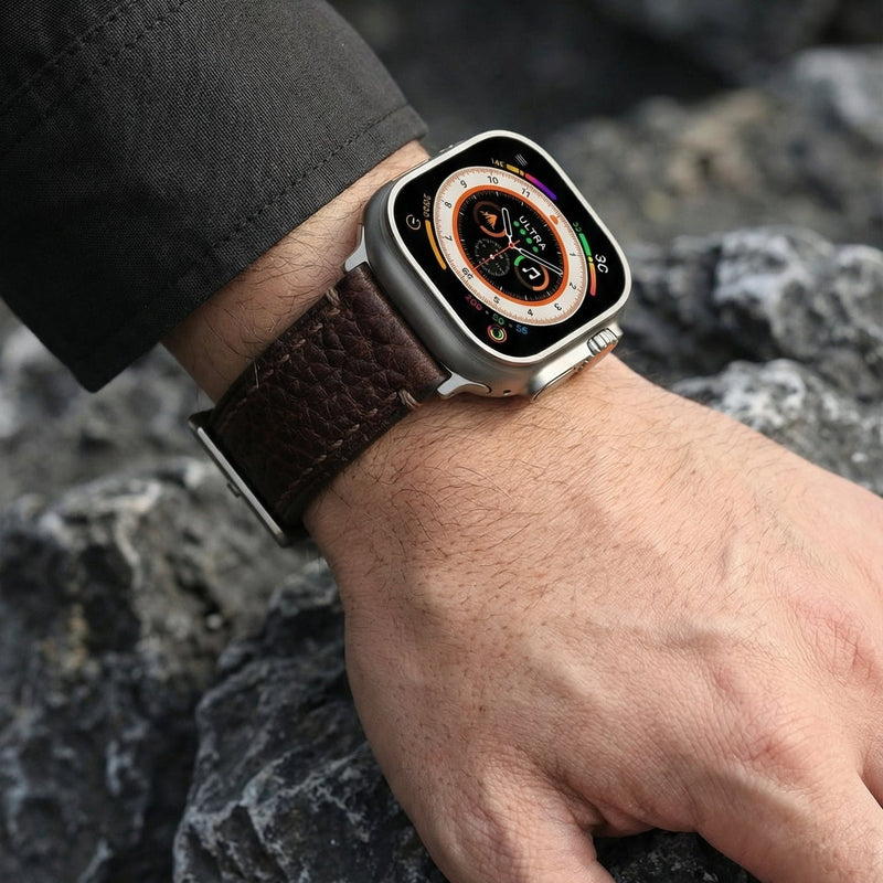 Apple Watch-armbånd i naturlæder, håndsyet finish, kraftigt præget læder, solidt stållås, model Claudio