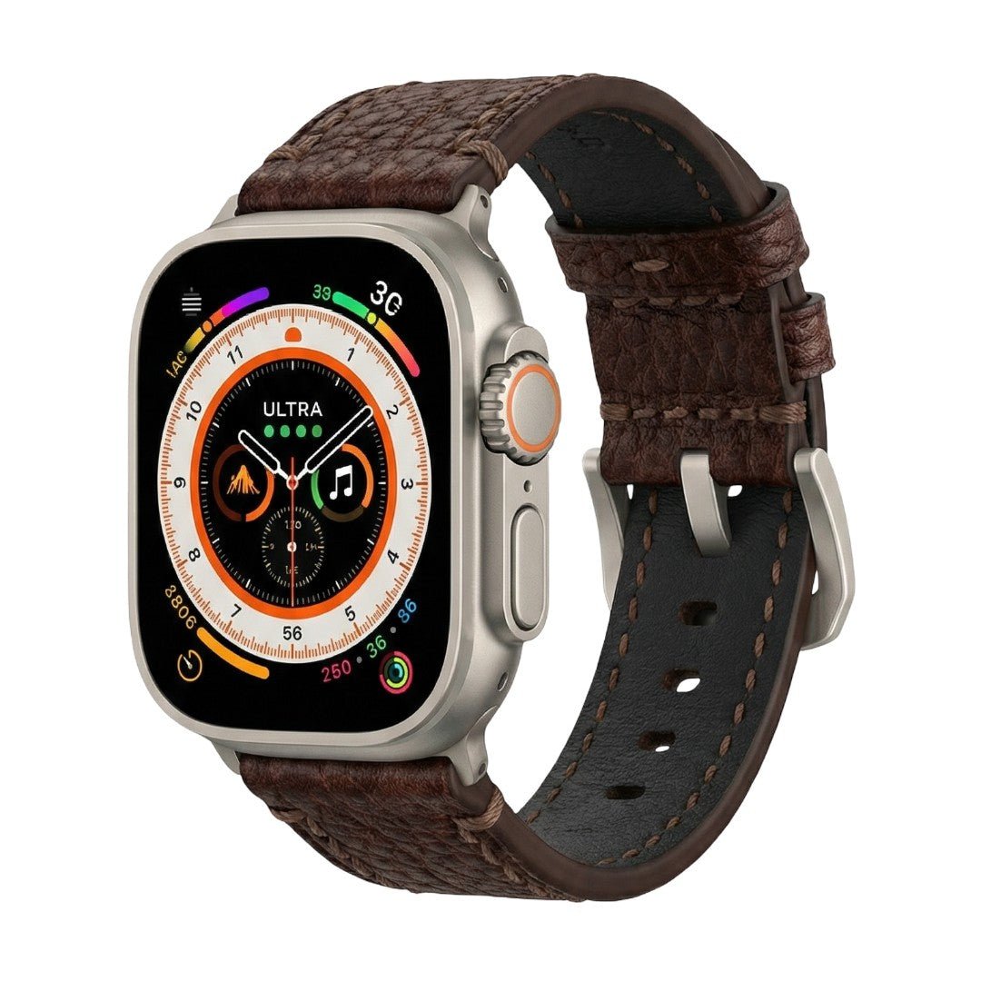 Bracelet Apple Watch en cuir véritable texturé, coutures apparentes, boucle acier inoxydable, modèle Claudio