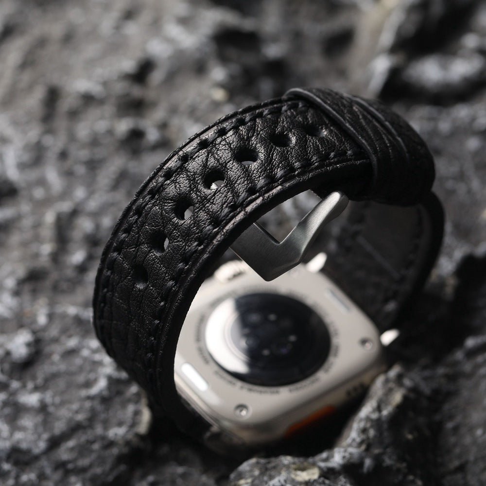 Bracelet Apple Watch en cuir véritable texturé, coutures apparentes, boucle acier inoxydable, modèle Claudio